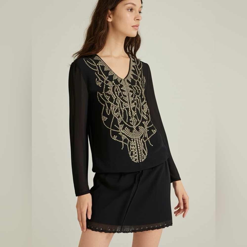 Antik Batik Black and Gold Embellished Mini Dress made in France size  M